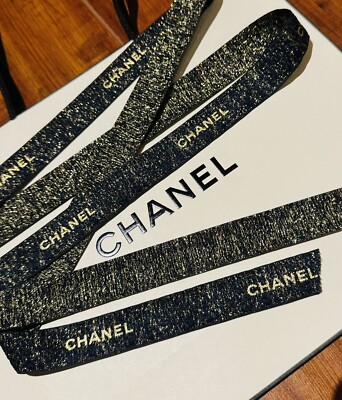 CHANEL Navy Blue Glittered & Metallic Gold Lettering Ribbon  display picture 1