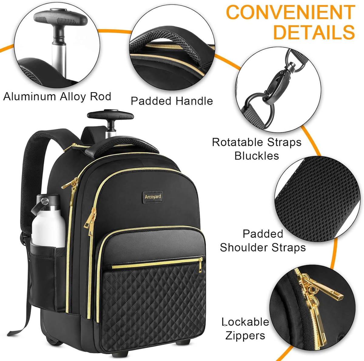 Stylish 40L Rolling Backpack for Travel - Black Gold Wheeled Luggage | eBay