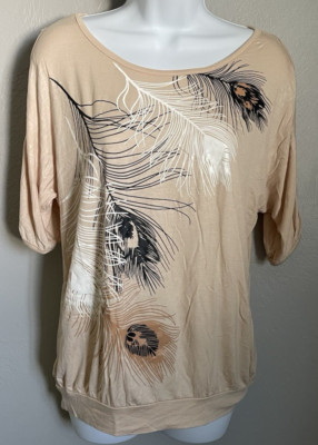 Isassy Feather Print Blouse Shirt Beige Womens Size Small Key Hole Sleeves