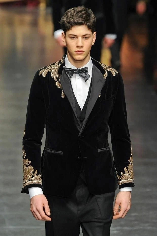 Mens Black Jacket Gold Embroidery Tuxedo Suit Smoking Coat Designer Formal Party