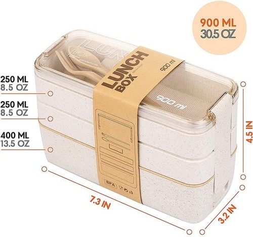 Triple Layered Bento Style Box Eco-Friendly Lunch Set With Cutlery 3 Colours - Picture 10 of 27