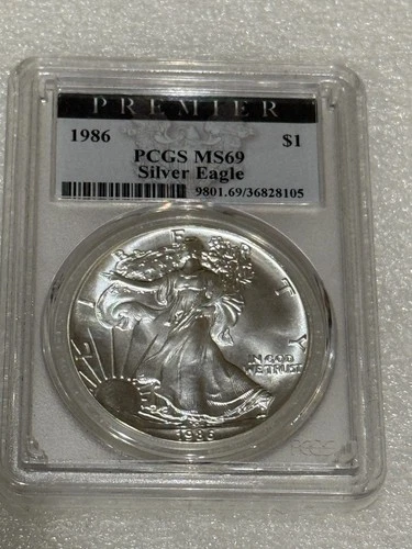1986 Silver Eagle PCGS MS69 ~~ Rare Premier Label ~~  Pristine No Spots ~~ (105)