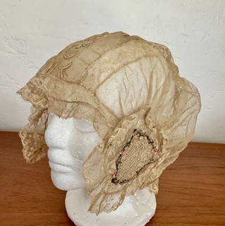True Antique FLAPPER NIGHT CAP Sleep BOUDOIR Hat LACE Net Tambour Ribbon Flowers