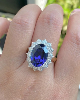 Ehering 6,50 kt ovaler Schliff natürlicher Saphir & Diamant 14 kt Gelbgold Größe 7