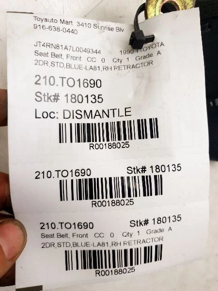 89 90 91 92 TOYOTA PICKUP PASSENGER SIDE FRONT SEAT BELT ASSEMBLY - Image 4 of 4