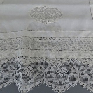 Antique Italian Sheer Linen 42" Runner Handmade FILET Lace Inserts Trim w BOWS