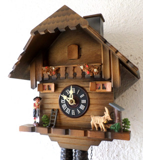 VERY NICE BLACK FOREST GERMAN ANIMATED CHIMNEY SWEEP WOOD CHALET CUCKOO CLOCK!
