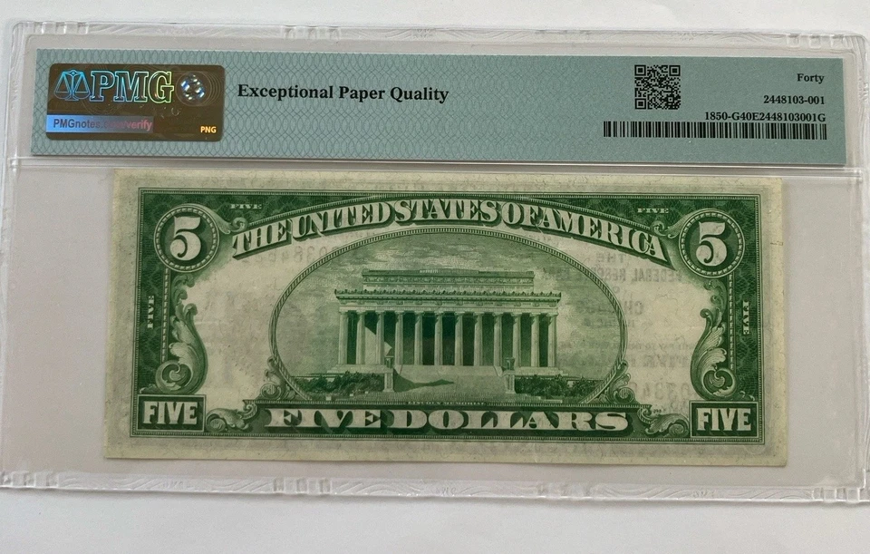 $5 1929 FRBN Chicago Fr#1850-G PMG Graded 40 Extremely Fine - Image 3 of 4