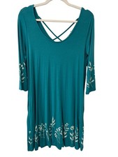 Simply Noelle Shift Dress Size XS Embroidered Botanical Floral 3/4 Sleeve Teal