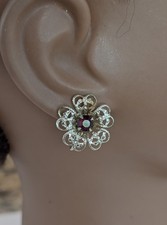 Vintage silver tone filigree Screw Back Earrings With Garnet Colored Crystal 