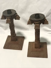 Wood Altar Brutalist Carved Candle Holder Candlesticks Metal Bobeche