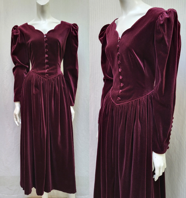 Vintage LAURA ASHLEY Maroon Velvet Puff Sleeve Dress  display picture 1