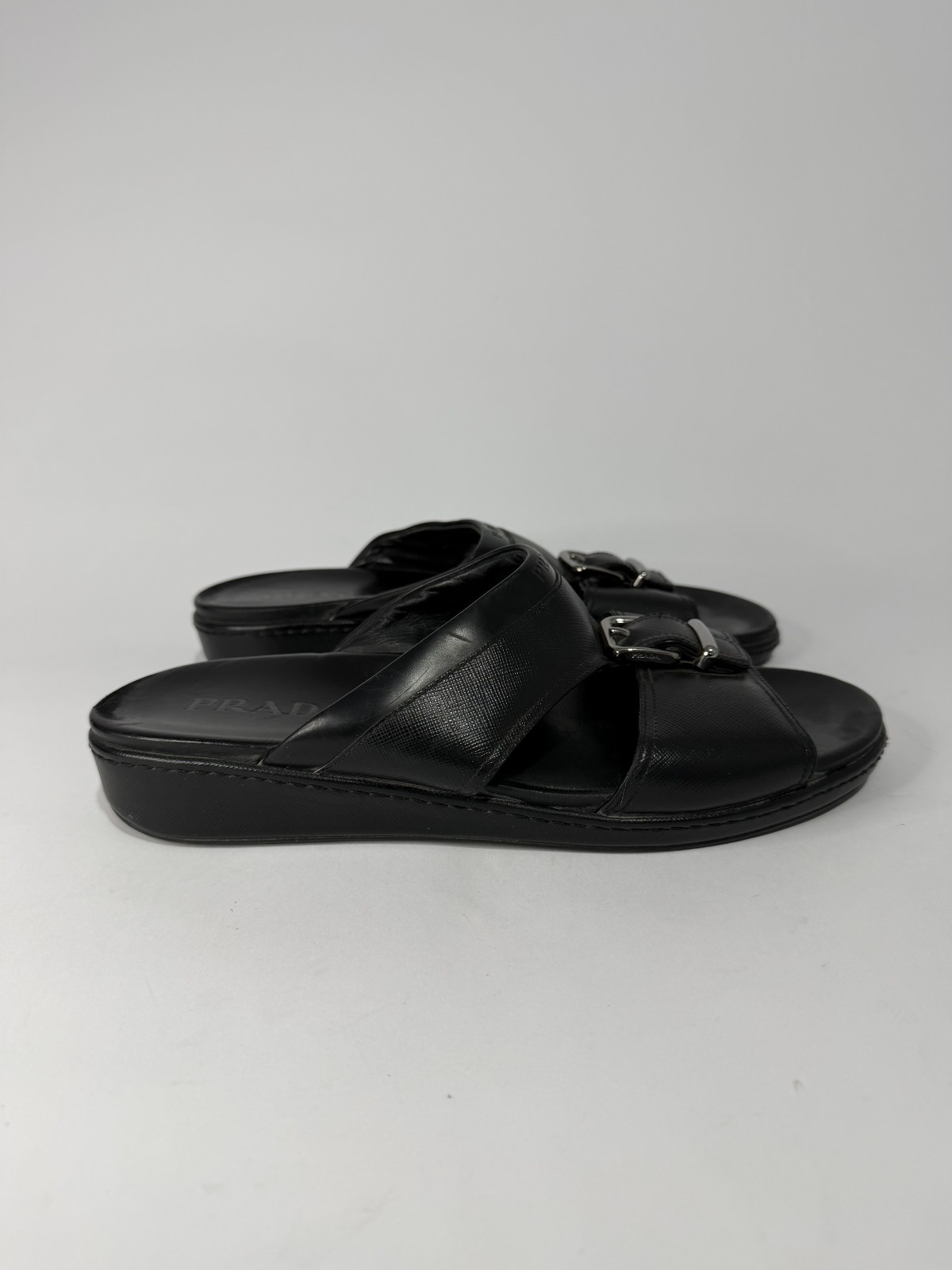 Prada Black Saffiano Leather Buckle Slide Flat Sandals Size 9 UK/ 10 US thumbnail 2