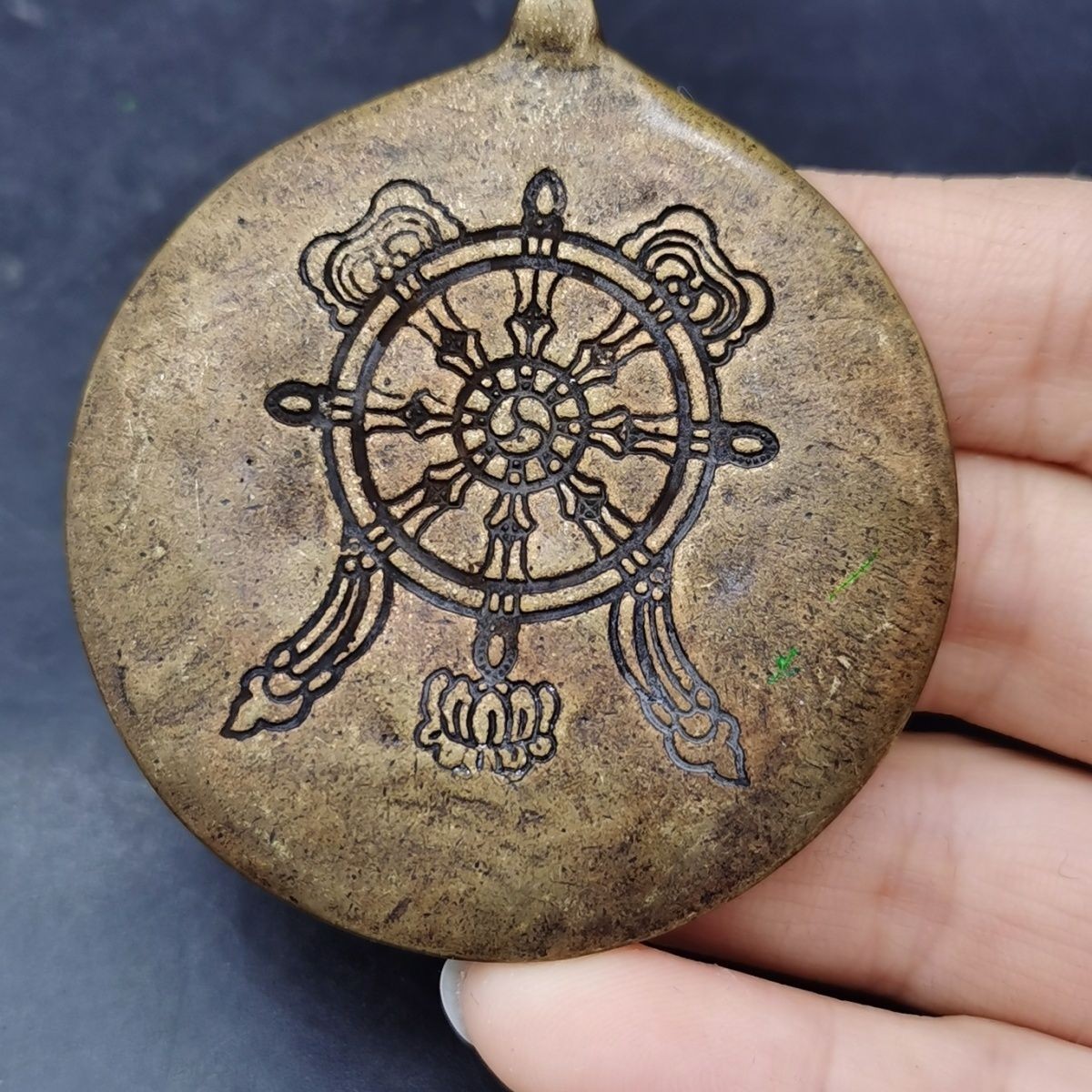 Aged Patina Copper Nine Palaces Bagua Zodiac Thokcha Pendant Dharma Wheel Dual