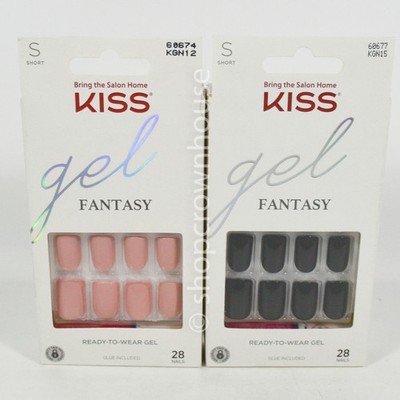 2 Kiss Gel Fantasy Collection SHORT Press-On Nails AIM HIGH & RIBBONS blk & rose