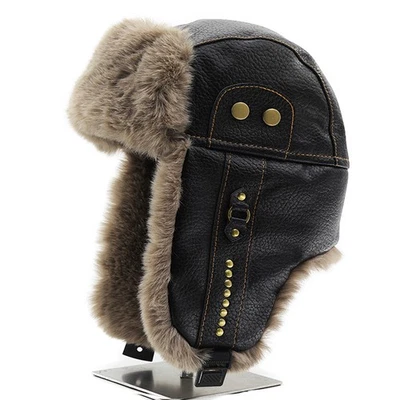 Homme Vintage En Cuir Synthétique Bonnet D'Hiver Chaud Avec Oreilles De Ski - Photo 1/4