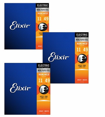 3 x Elixir Saiten für E-Gitarre Nanoweb 12102 nickelumsponnen Rostschutz 11-49  