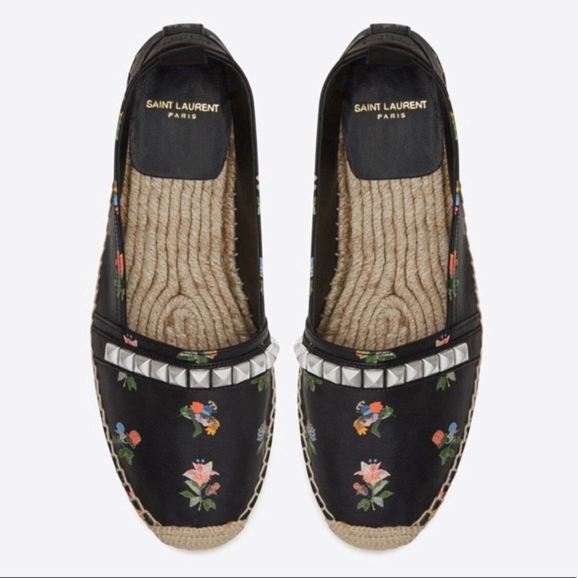 Ballerine espadrillas Saint Laurent borchiate in pelle nera floreale taglia IT 39 US 9