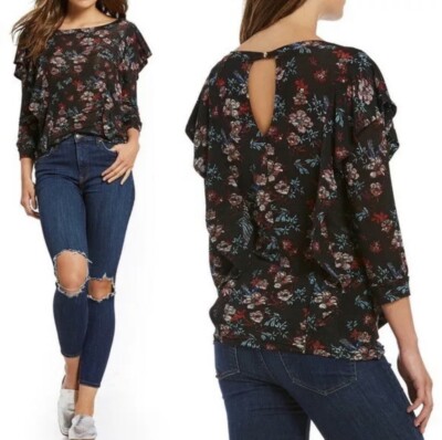 Free People Floral Dock Top Womens Size Small Ruffle Sleeve Keyhole Back Shimmer