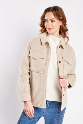 Ladies Beige Soft Feel Textured Overshirt Patch Pockets Shacket Jacket  Size:8-18