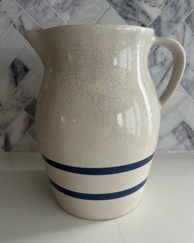 Vtg Robinson Ransbottom Pottery 2qt Farmhouse Crock /Pitcher Double Blue Stripes - Picture 4 of 9