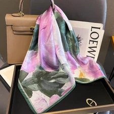 100% Pure Silk 27''Square Scarf Women Neckerchief Wrap Bandana Green Pink Flower