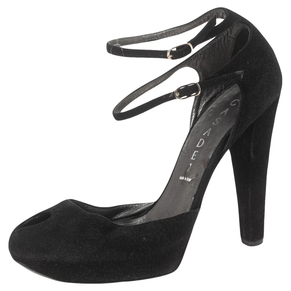 Casadei Black Suede Peep Toe Ankle Strap Platform Sandals Size 35