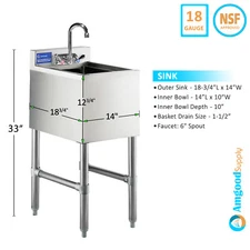 Stainless Steel 1 Compartment Commercial Bar | Sink Inner Bowl Size: 14" x 10"