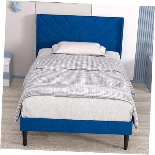 Upholstered Platform Bed Frame with Fabric Headboard,Wooden Twin Dark Blue
