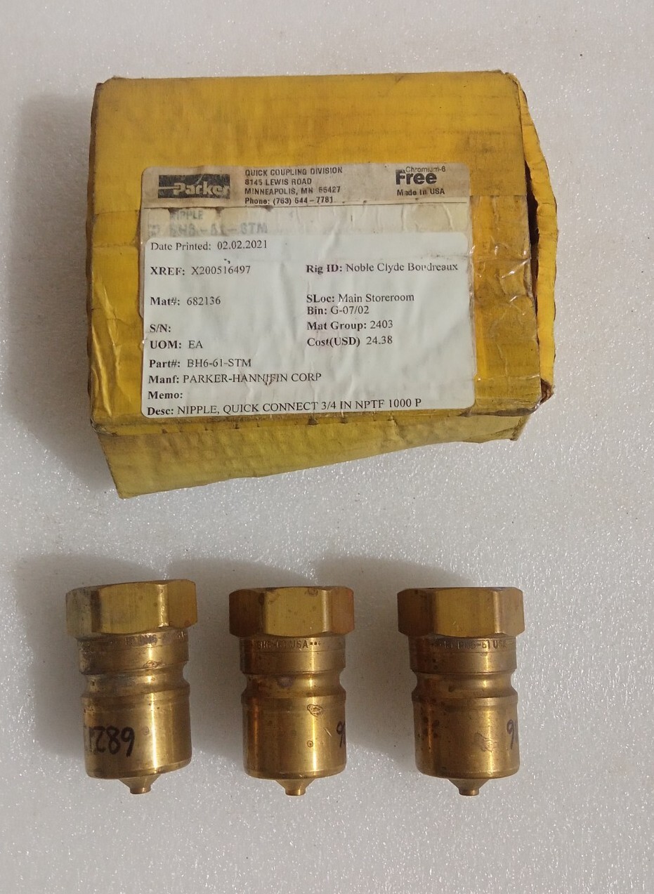 LOT OF 3 PCS PARKER PART BH6-61-STM 60 SERIES NIPPLE QUICK CONNECT 3/4 IN NPTF