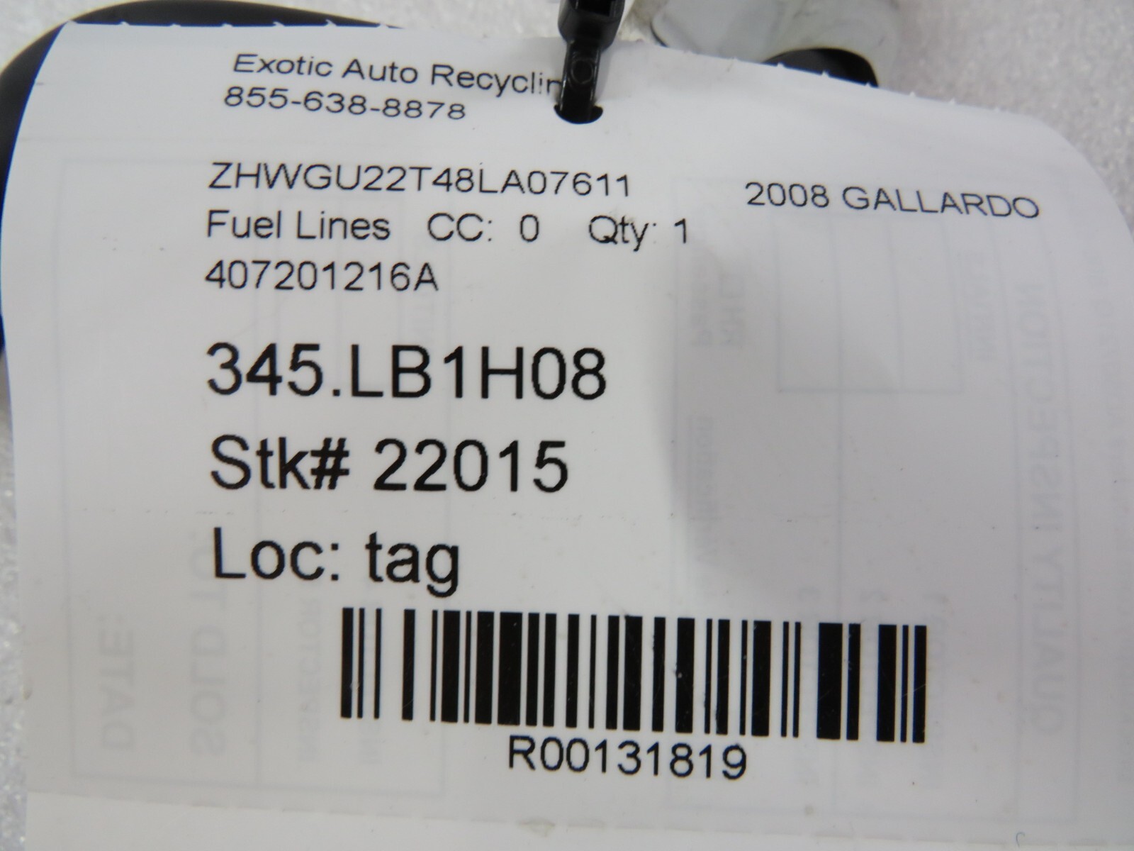 Lamborghini Gallardo, Spyder, Fuel Line, Used, P/N 407201216A