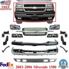 Front Bumper Chrome Steel + Grille with Headlight Kit For 2003-06 Silverado 1500