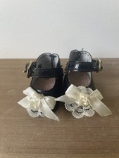 Vintage Baby Doll Mary Jane Shoes Black Shoes With White Bows, Gold Buckle