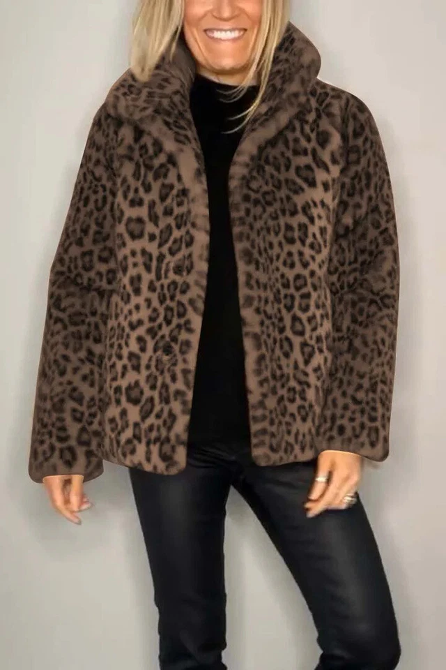 Mujer 2025 Moda Leopardo Imitación Piel Cuello Soporte Informal Abrigo Chaqueta 7955 Foto 4 de 4