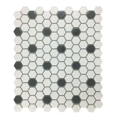 Glossy White and Black Floor Tile Porcelain Mosaic Hexagon, 1 Tile Sheet 10.25''