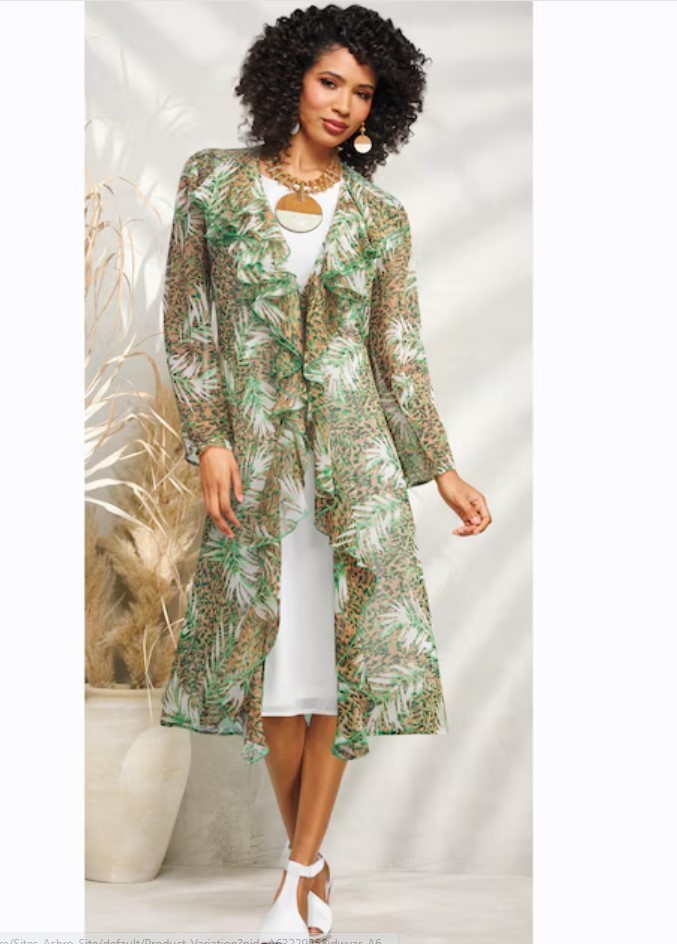 jacket for green dress wedding Size L Ashro Green/White Multi Formal Wedding Church Ruffle Duster Jacket  Dress