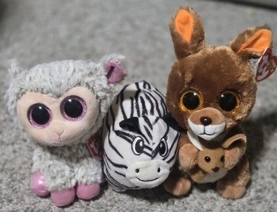 2 Ty Beanie Boos Lot Panda Kangaroo, Sheep,  Off Brand Zebra