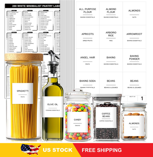 288 Pantry Labels for Food Containers,Preprinted Minimalist Waterproof Stickers - Picture 1 of 6
