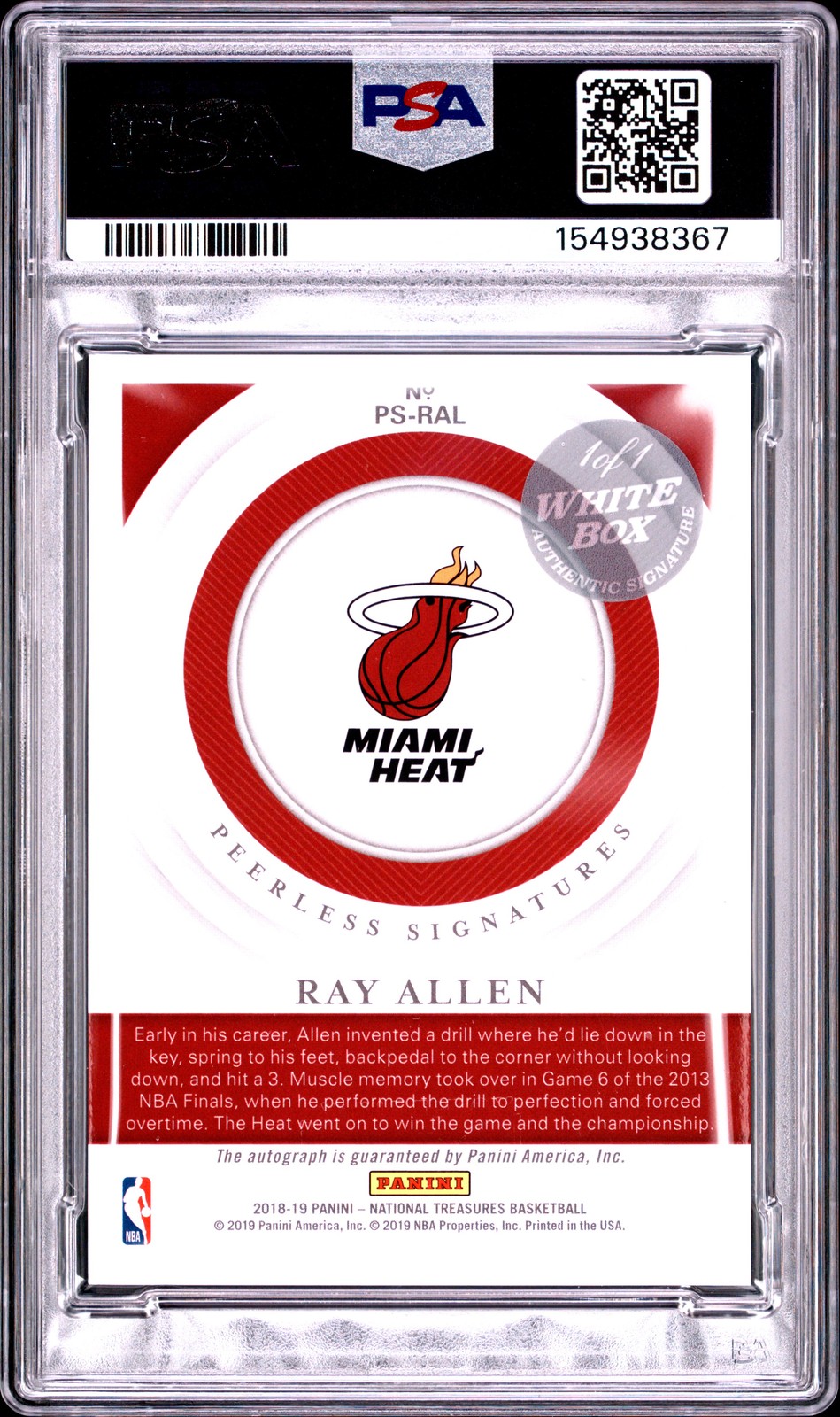 2018 NATIONAL TREASURES PEERLESS SIGNATURES #RAL RAY ALLEN 1/1 PSA 10 AUTO view 2