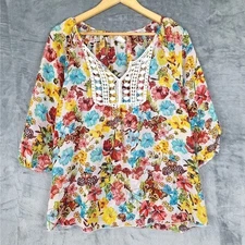 Womens Top Large Boho Crochet Butterflies Floral Sheer Feminine Peasant Festival