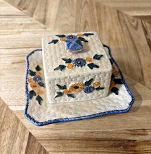 Vintage Made in Occupied Japan Covered Butter Cheese Dish Basketweave Floral