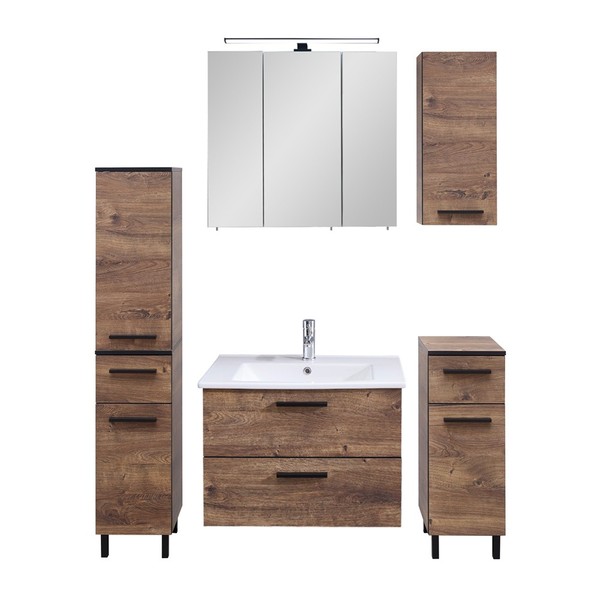 BadmöBel Komplett Set Eiche Hochschrank HäNgeschrank Waschtisch Spiegelschrank-image
