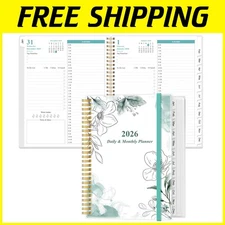 2026 Daily & Monthly Planner - 12 Monthly Tabs, Teal Flower
