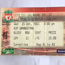 UEFA Cup 2003/2004 Liverpool v Olimpija Ljubljana 15.10.2003 Ticket Stub