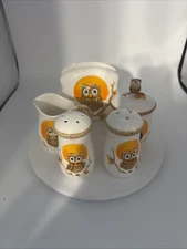 1980’s VINTAGE 5 PC OWL CERAMIC S&P SUGAR CREAMER NAPKIN SET SEARS ROEBUCK