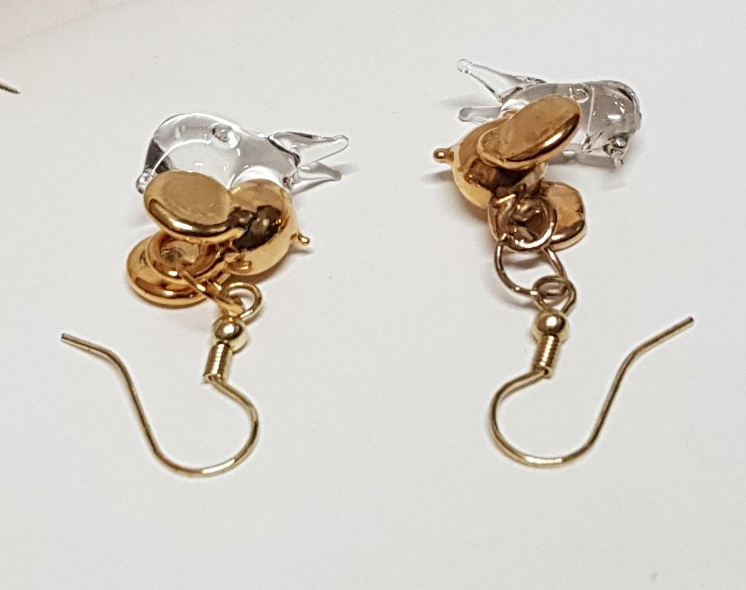 Boucles D'oreilles Vintage Souris En Verre Et Métal Doré - Modèle Pendantes Avec Fermoir Hameçon