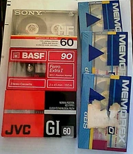 6 Vtg Cassette Tape Lot Sony HF 60  / JVC GI 60 / Memorex dBS 90 / BASF Ferro