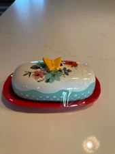 Pioneer Woman ~ Butter Dish ~ Red Floral ~ With Butterfly Lid