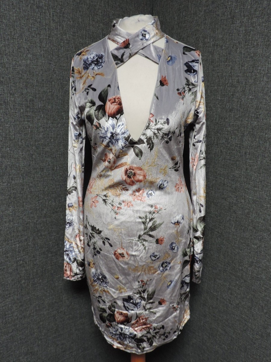 Missguided velour High Neck Floral Bodycon Dress Grey UK 10 LN027 OO 15 |  eBay UK