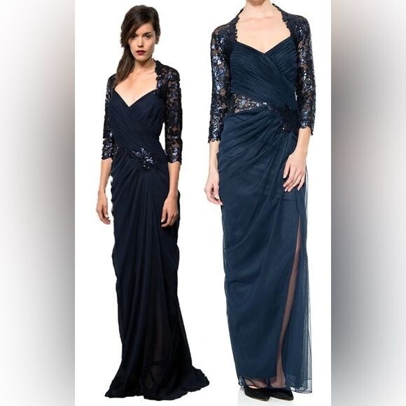 Tadashi Shoji navy blue tulle draped long sleeve sequin lace